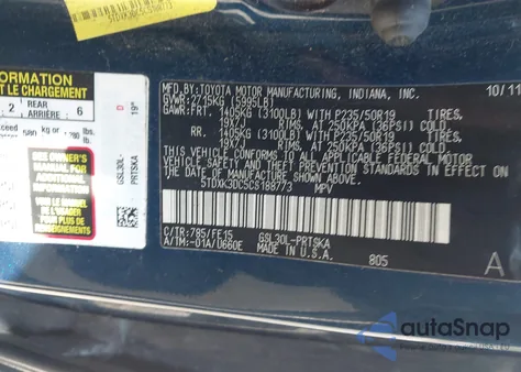 2012 Toyota Sienna Se 8 Passenger z USA, uszkodzony, nr VIN 5TDXK3DC5CS188773